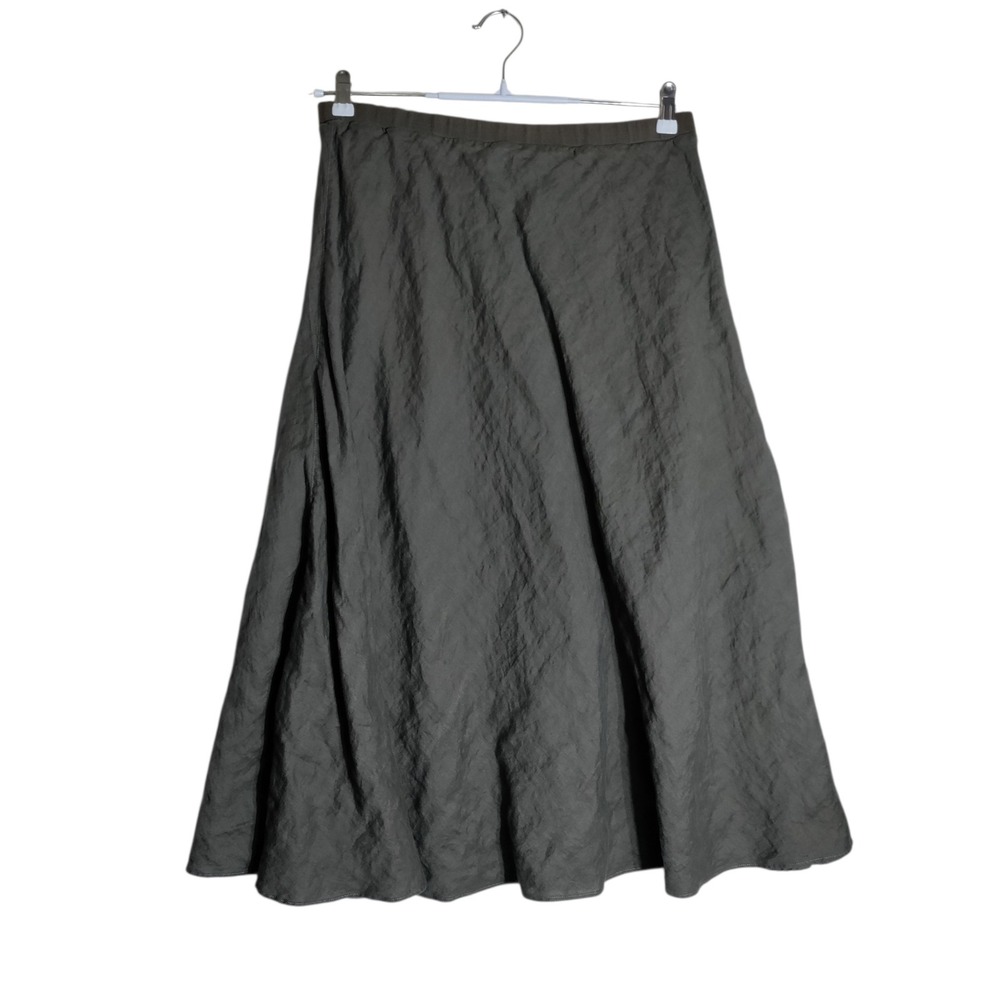 Vivid Womens Olive Green 100% Linen A-Line Midi Skirt Ribbed Waist Size Large